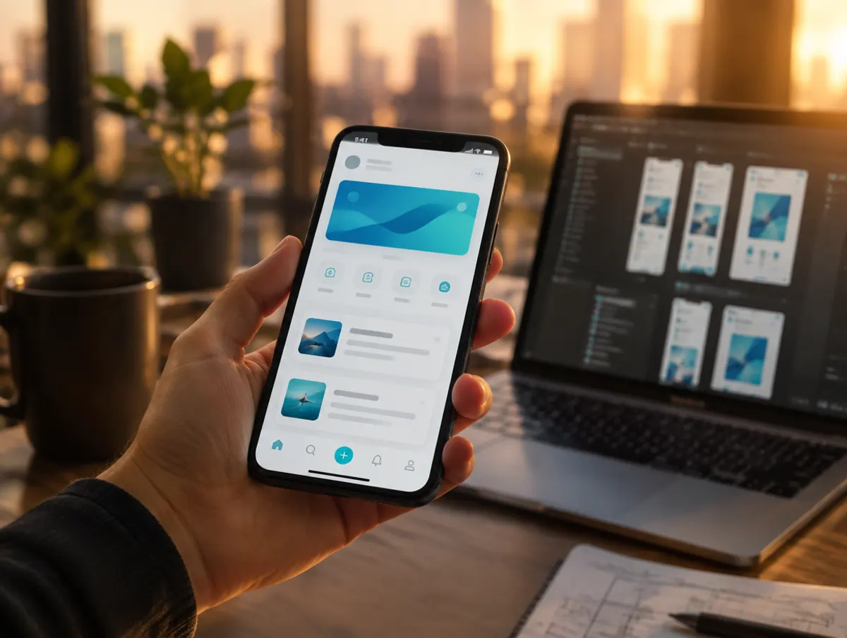 Mano sosteniendo un teléfono con una app, con un computador con pantallas de diseño detrás
