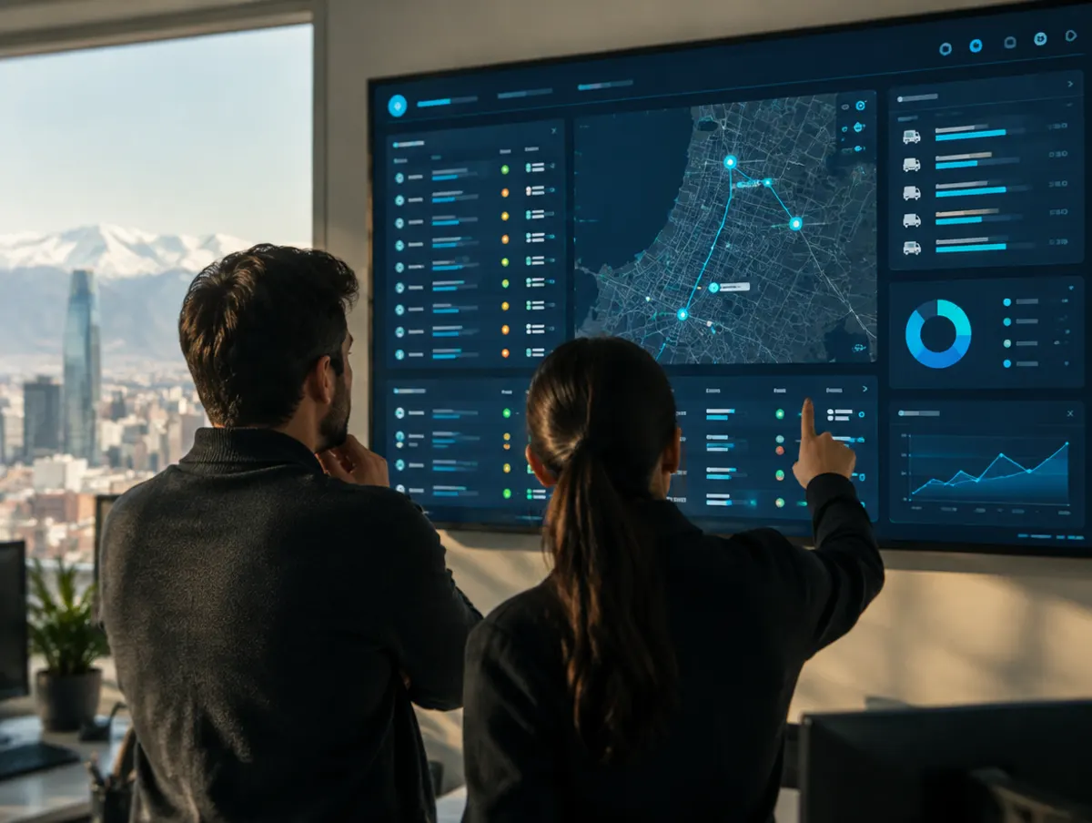 Dos personas frente a una pantalla grande con un sistema de gestión con mapa y tablas